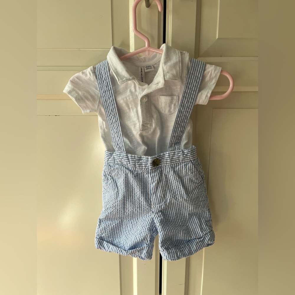 Blue seersucker Jamie &Jack overall shorts, shirt, hat